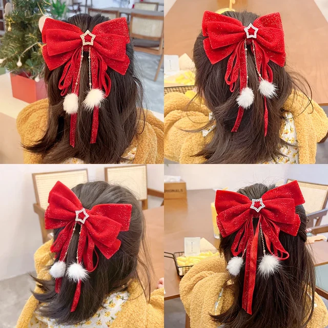 Red Velvet Bows Hair Ribbons Scrunchies Women Girls Long Elastic Hair Ties  Headwears Female Kids Styling Tools New Year Decor - AliExpress